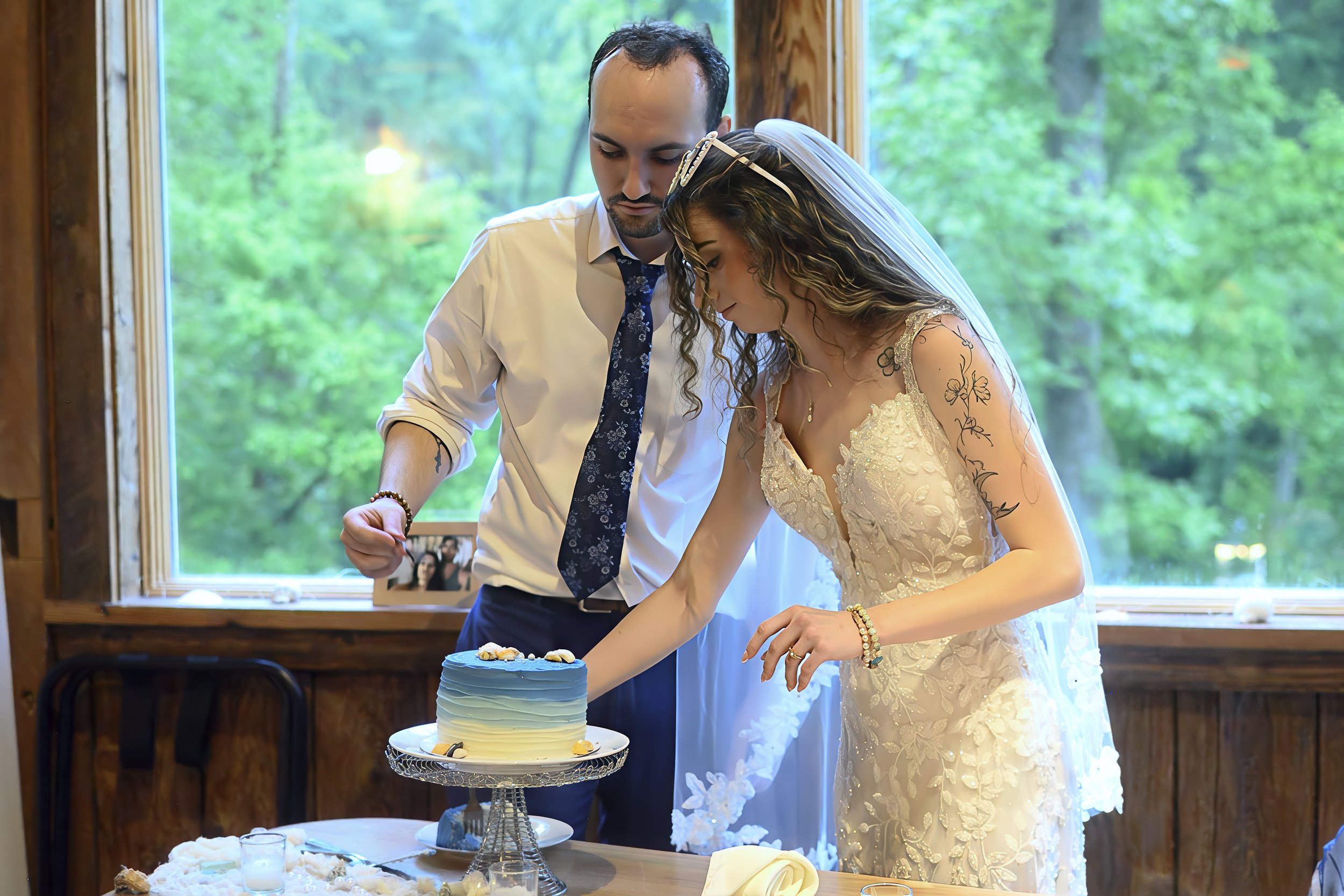 A bride and groom cut their wedding cake together at a wedding reception with a large window and green trees in the background.
