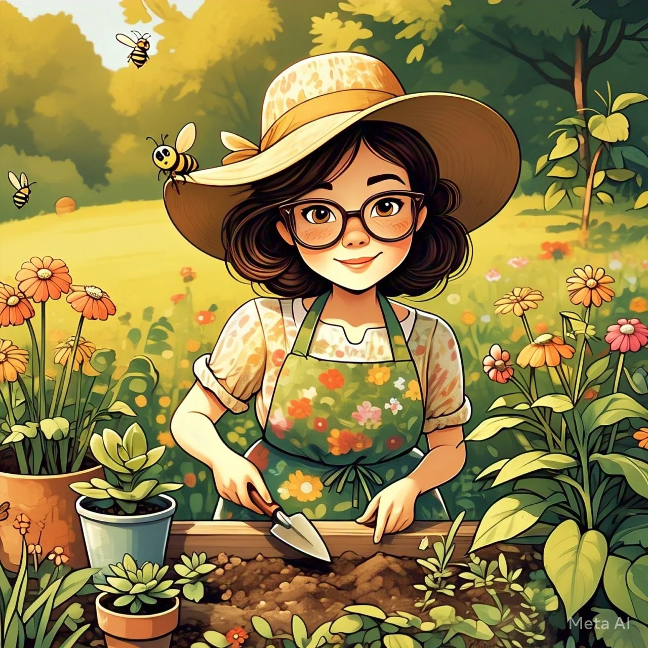 Illustration of a woman with glasses wearing a straw hat and a green floral apron, gardening among colorful flowers and potted plants in a sunny outdoor setting, with bees flying nearby.