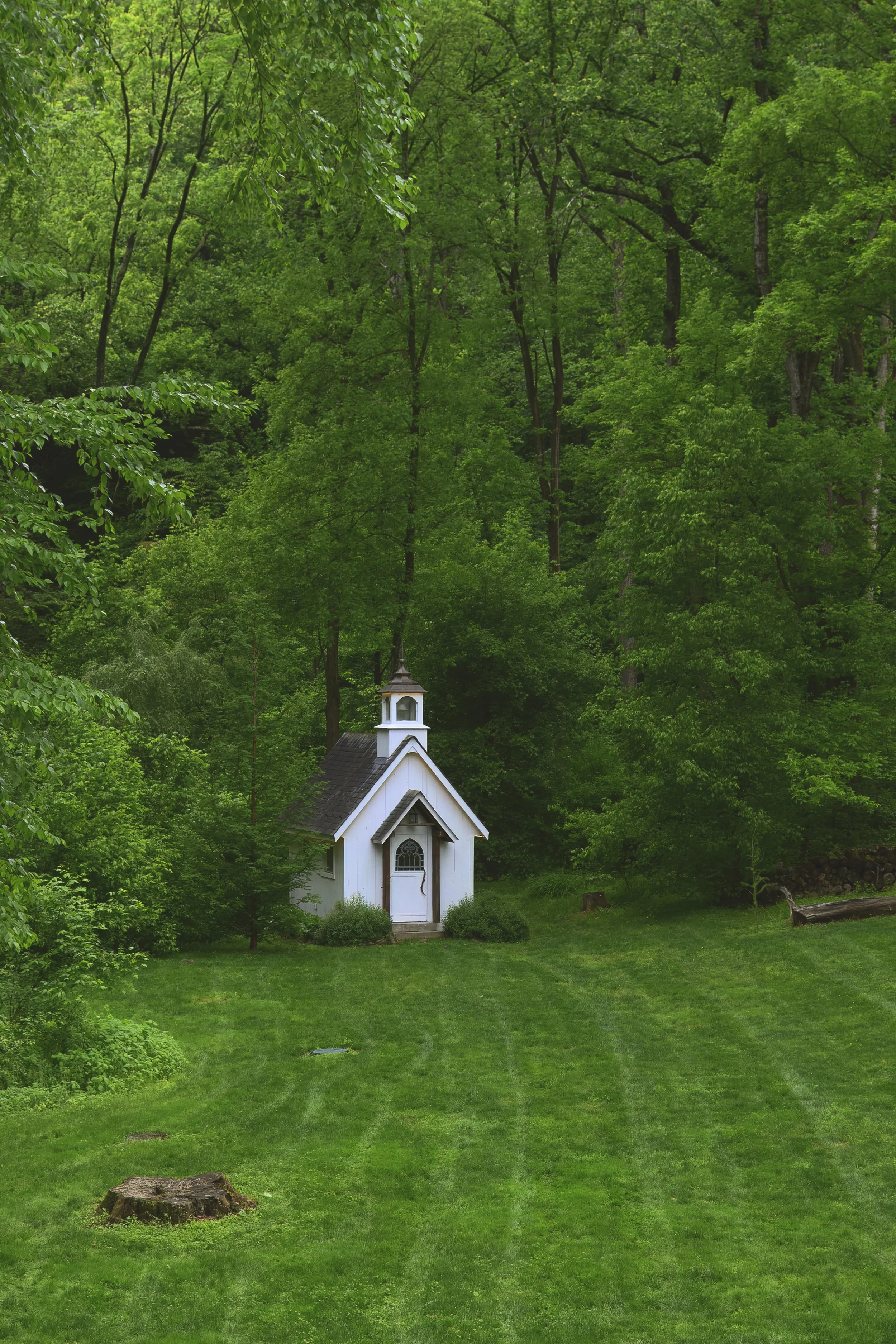 A small white church with a bell tower surrounded by green trees and a well-maintained grassy lawn.