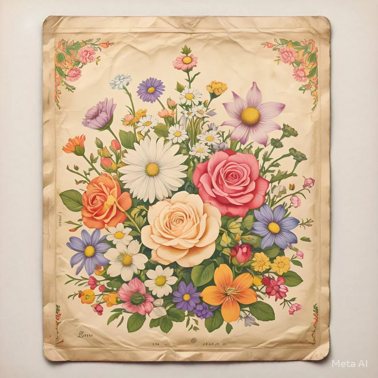 A vintage floral illustration featuring a colorful bouquet of roses, daisies, and other flowers on a slightly wrinkled beige paper background.