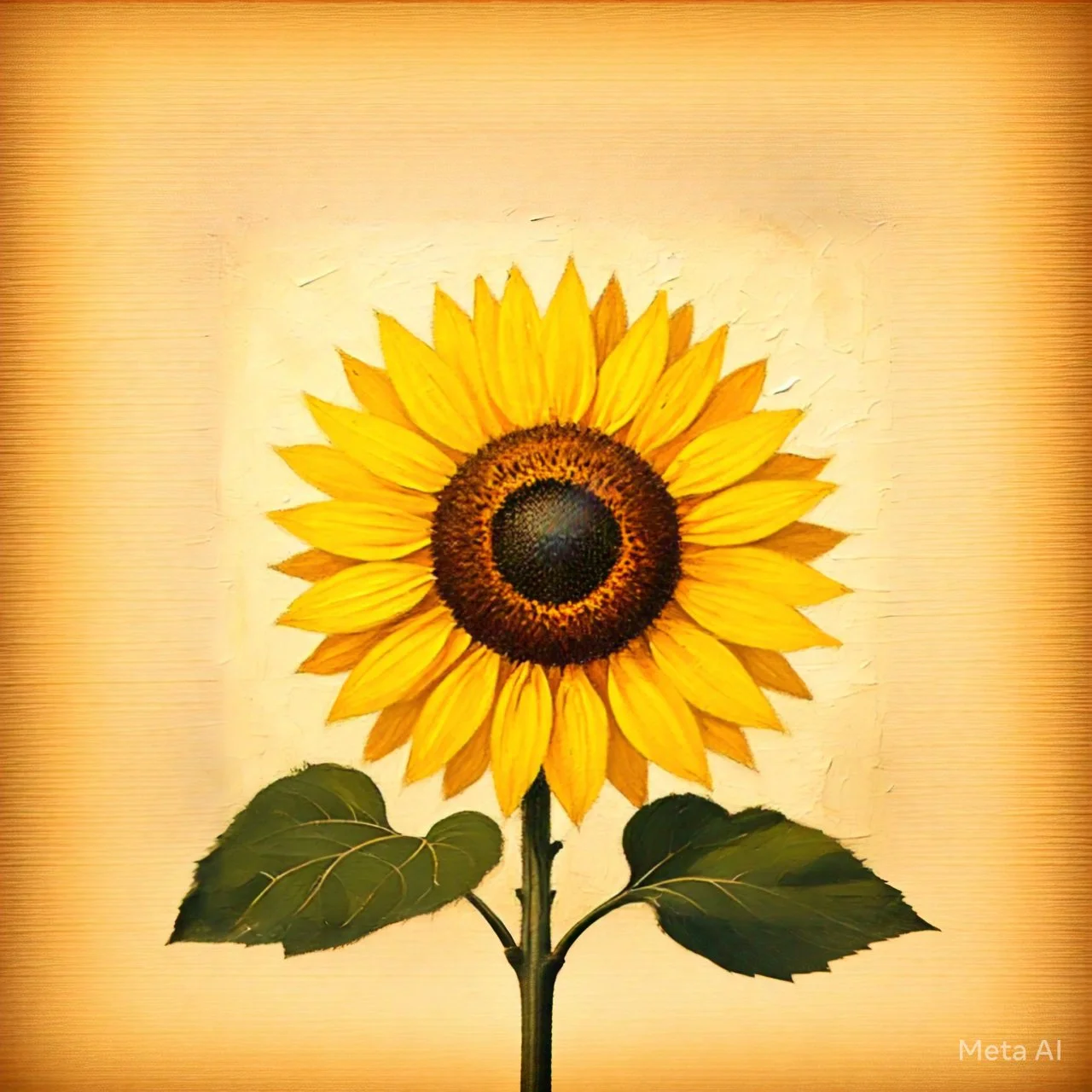 A bright sunflower with yellow petals and a dark center against a light background with a textured appearance.