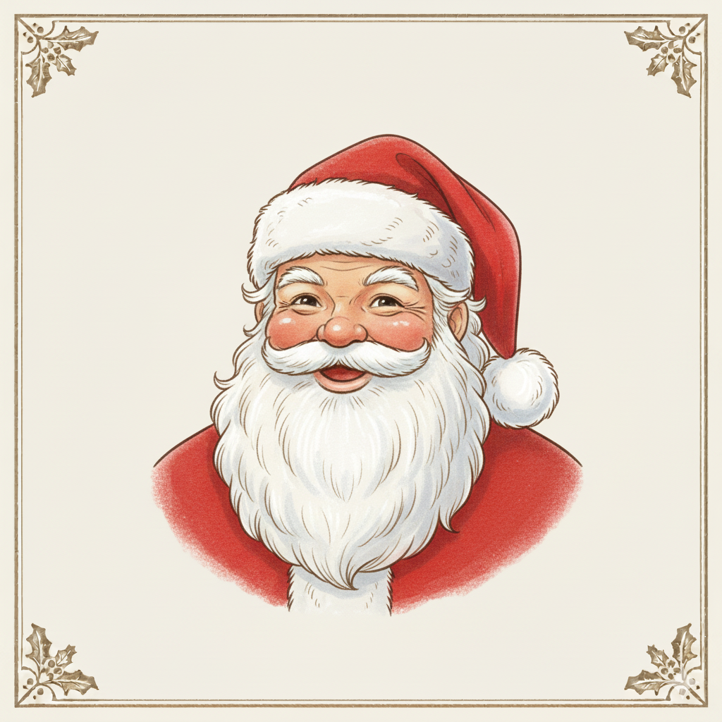 Smiling Santa Claus with a red hat and white beard on a white background with holly decorations in the corners.
