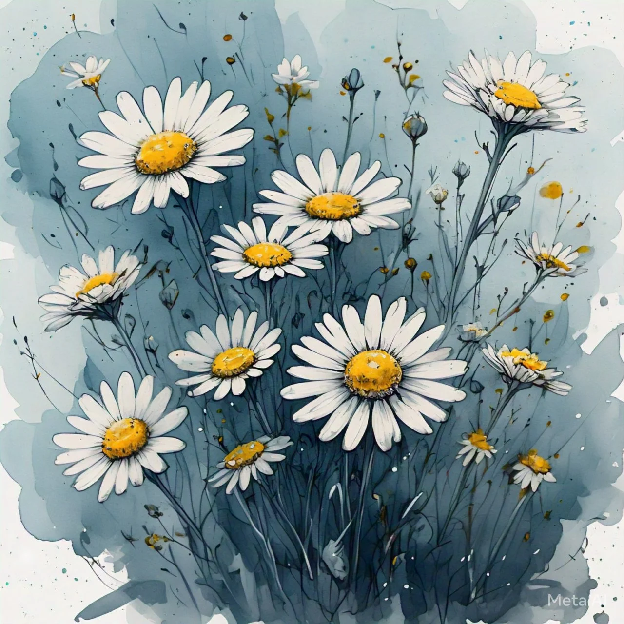 Watercolor painting of daisies with white petals and yellow centers against a blue background.
