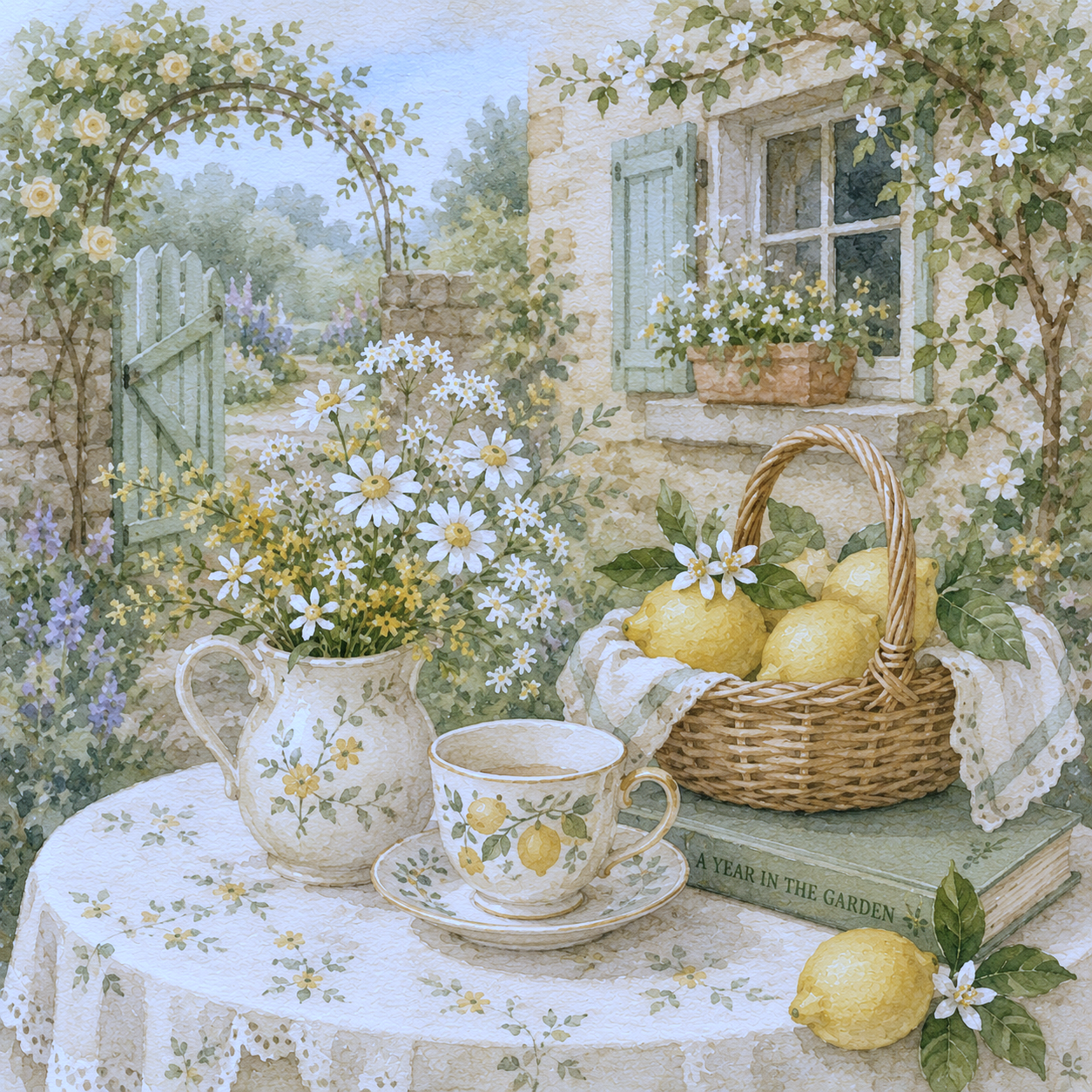 Watercolor painting of a garden scene with a table covered by a lace tablecloth, featuring a vase of daisies, a cup and saucer with lemon pattern, a wicker basket of lemons, and a book titled 'A Year in the Garden'. In the background are flowering bu