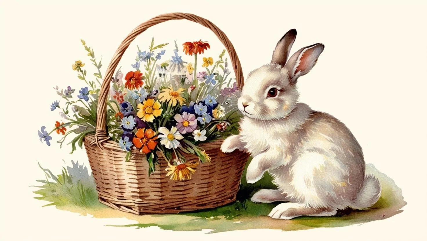 A cute rabbit beside a basket of colorful flowers with a light background.
