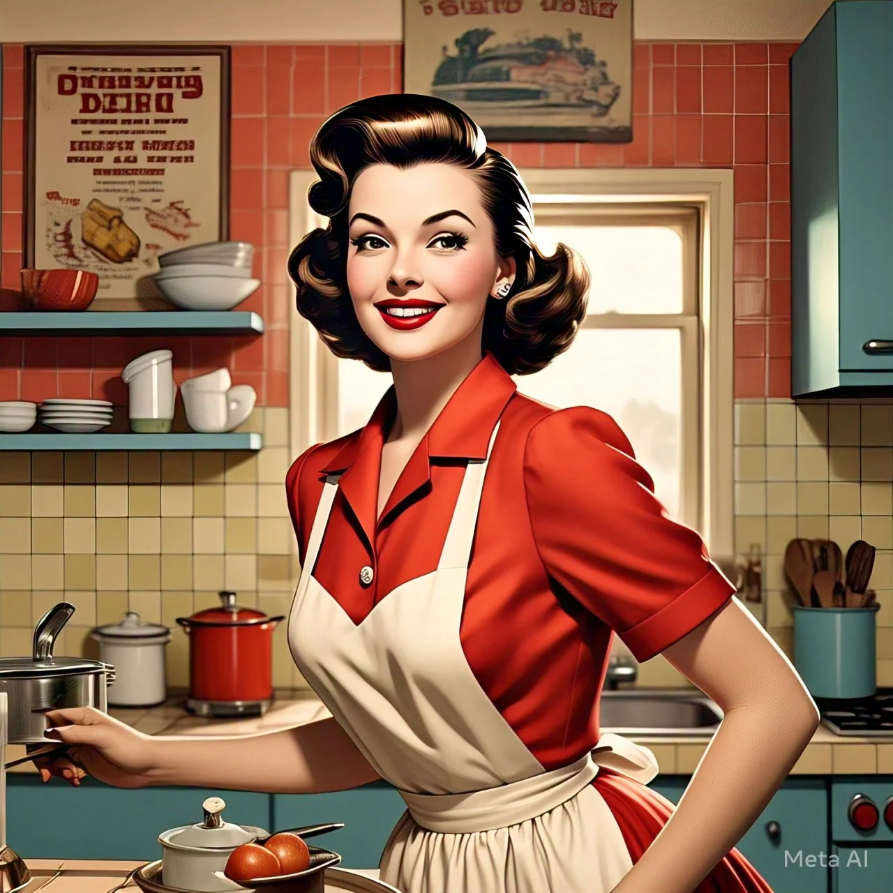 A woman with vintage 1950s hairstyle and makeup wearing a red blouse and white apron, standing in a retro kitchen with shelves of dishes and pots in the background.