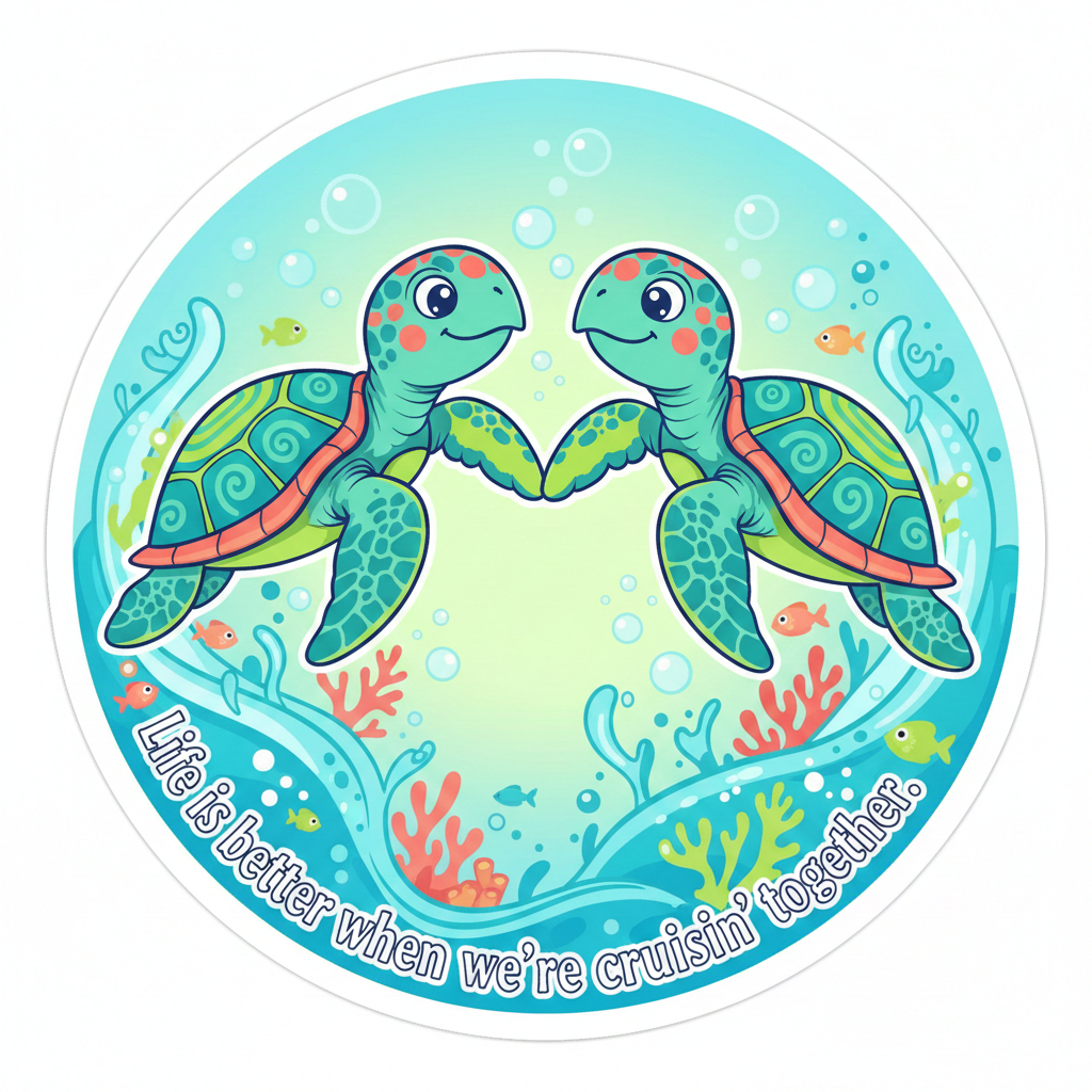 Two cartoon turtles in an undersea setting, smiling and touching flippers, with colorful coral and small fish around them. The text reads, 'Life is better when we're cruisin' together.'