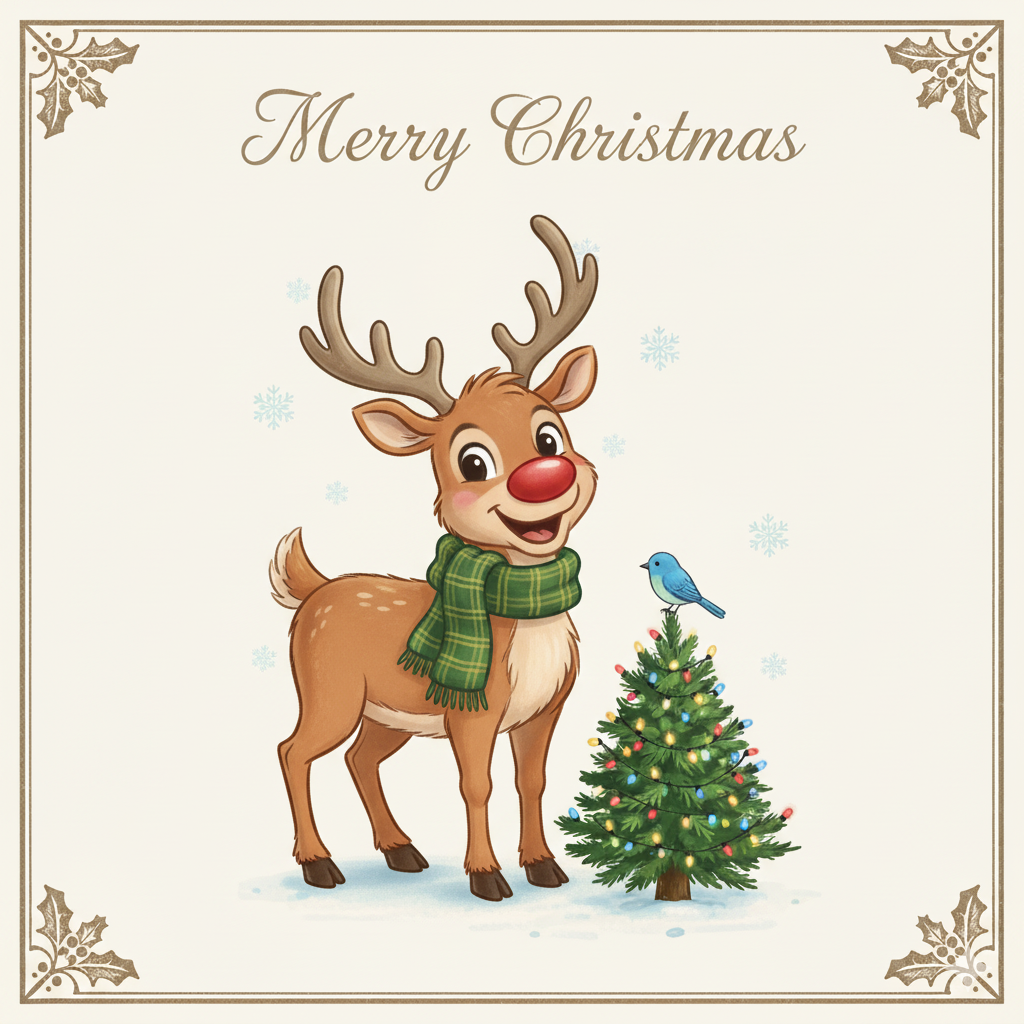 A cartoon reindeer with a red nose and a green plaid scarf standing next to a decorated Christmas tree with a blue bird perched on the top, with snowflakes falling and a beige border with holly in the corners, on a light background.