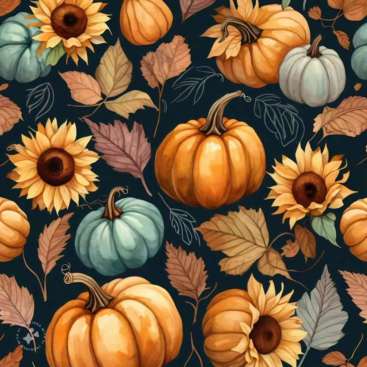 Pattern with pumpkins, sunflowers, and autumn leaves on dark background.