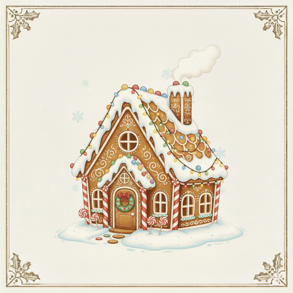 Decorative gingerbread house decorated with icing, colorful candies, and Christmas ornaments, set on snow with snowflakes in background.