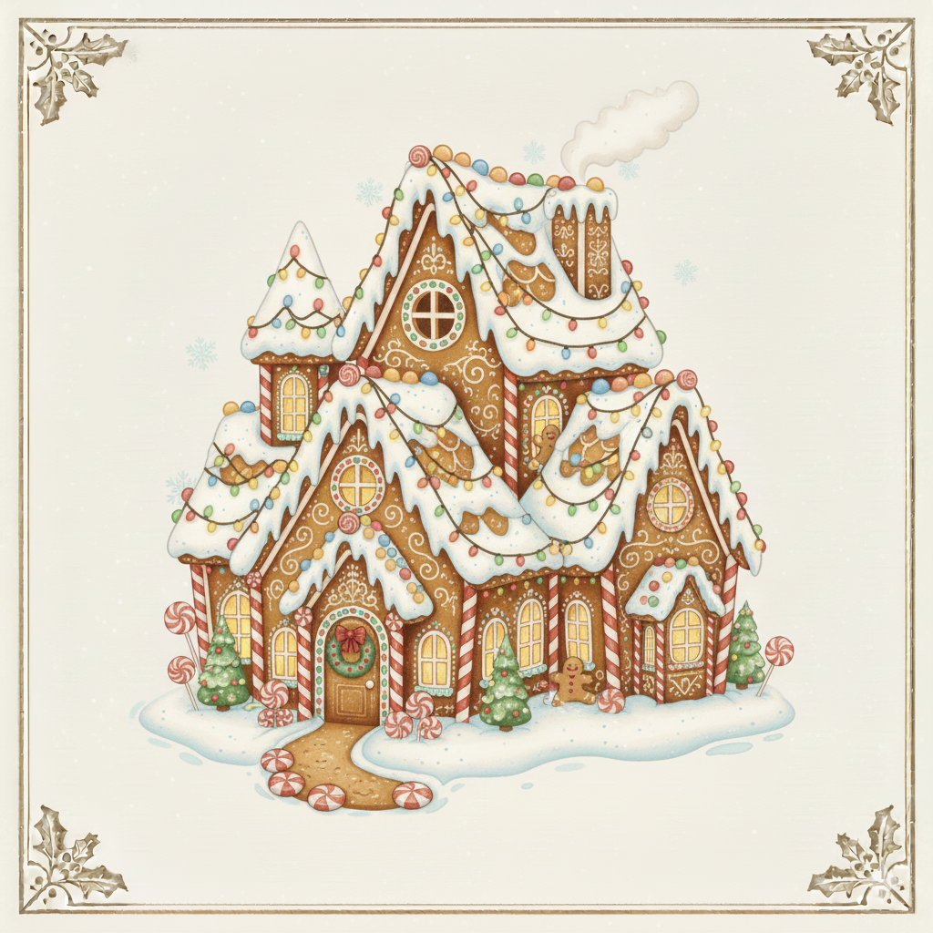 Gingerbread house decorated with snow, Christmas lights, trees, and candy canes.