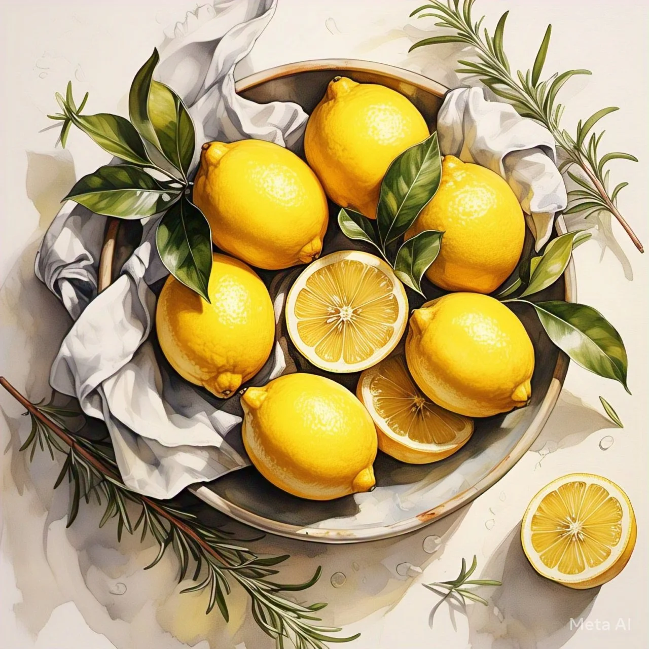 A bowl of fresh lemons with some cut in half, surrounded by green leaves and sprigs of rosemary on a white surface.
