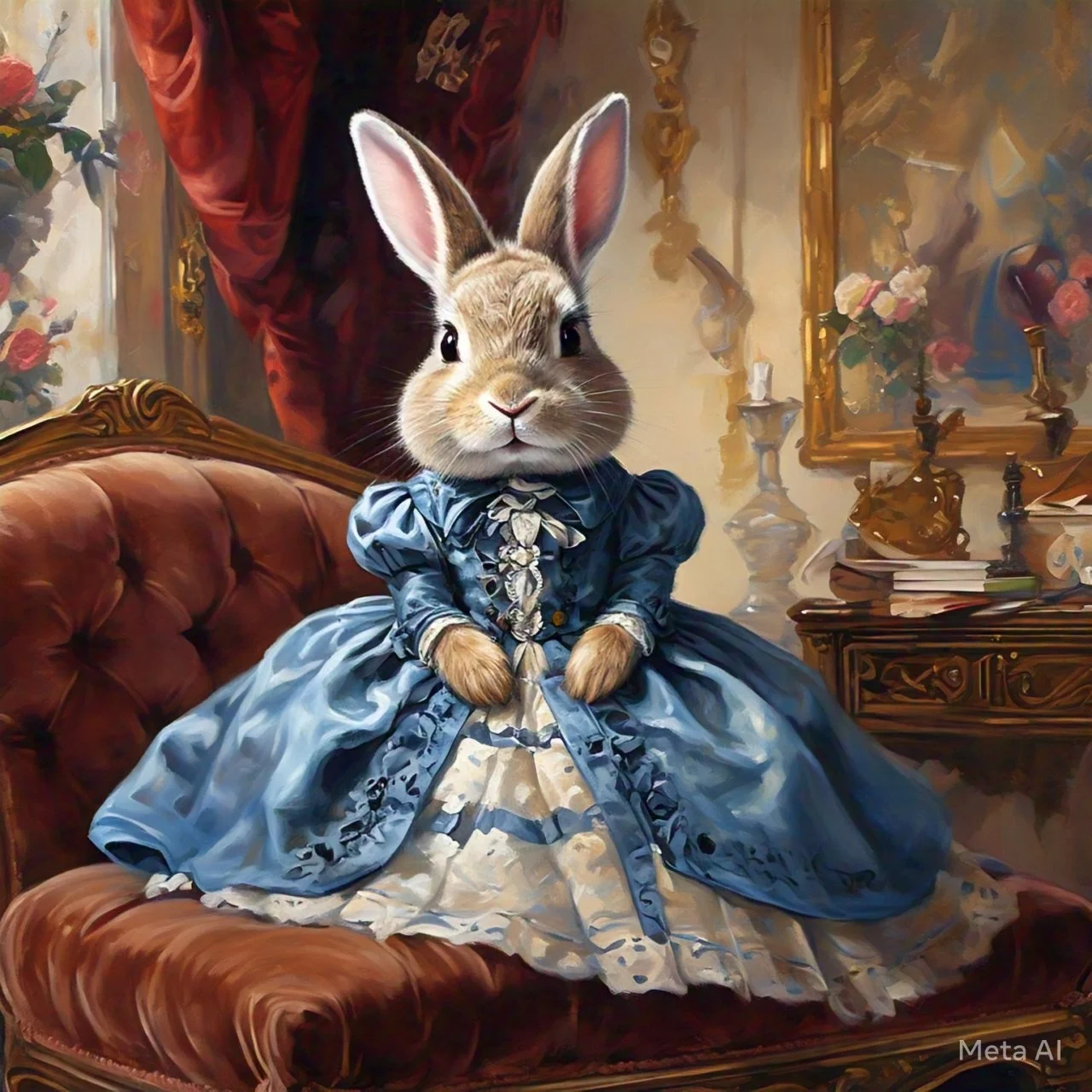 A rabbit with a human body dressed in 18th-century aristocratic attire sitting on a luxurious velvet sofa in an ornate room with paintings, flowers, and antique furniture.