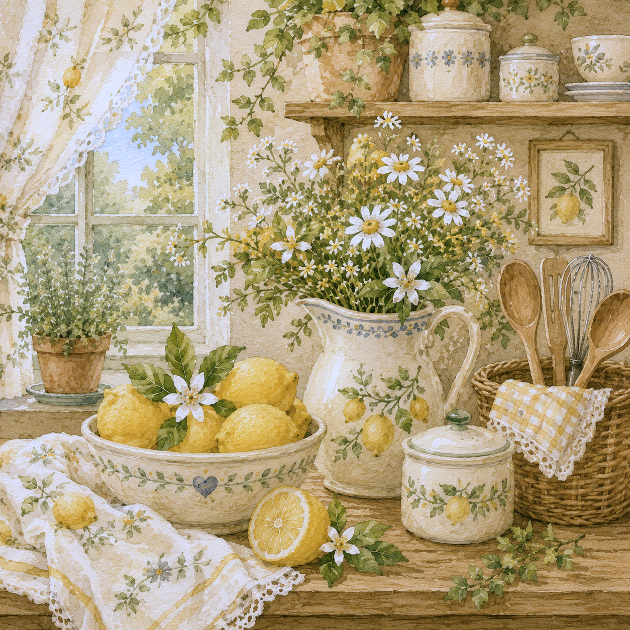 A kitchen windowsill with lemon-themed ceramic containers, a bowl of fresh lemons, a vase of daisies, and potted plants. Wooden utensils in a wicker basket, a lemon-patterned cloth, and a lemon-themed wall art are also present.