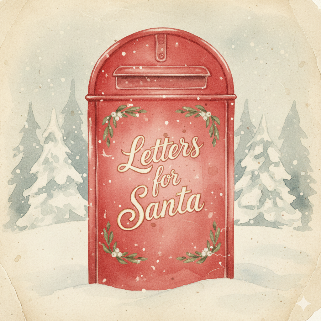 A red mailbox labeled "Letters for Santa" with holiday greenery and white snow outside.