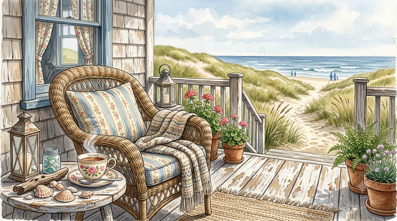 A porch overlooking a beach with sand dunes and the ocean, decorated with potted plants, lanterns, a steaming cup of coffee, seashells, and blankets.