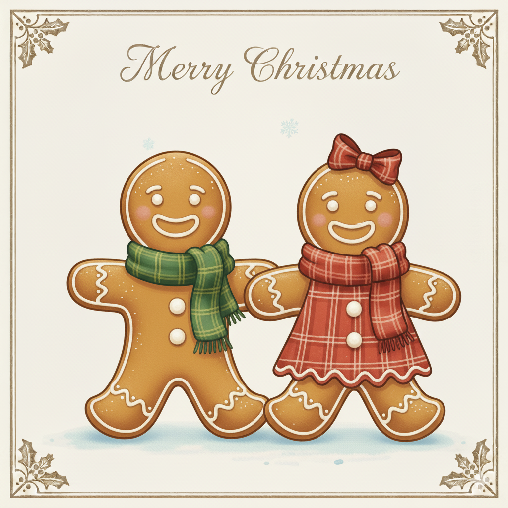 Christmas greeting card featuring two smiling gingerbread cookies, one in a green scarf and the other in a red plaid dress and bow, with the text 'Merry Christmas' at the top.