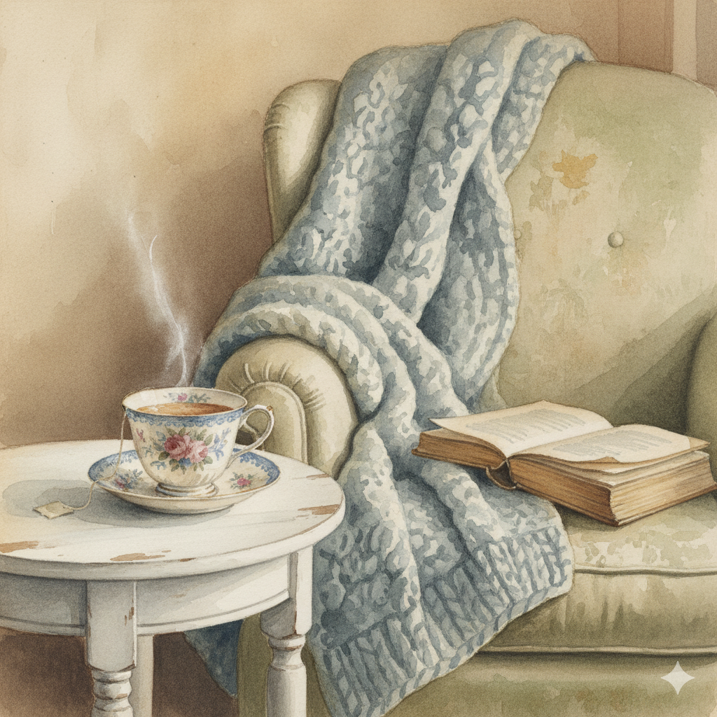 A cozy scene with a steaming cup of tea on a white distressed side table, an open book resting on an armchair, and a patterned blanket draped over the armchair in a warm, inviting living room.