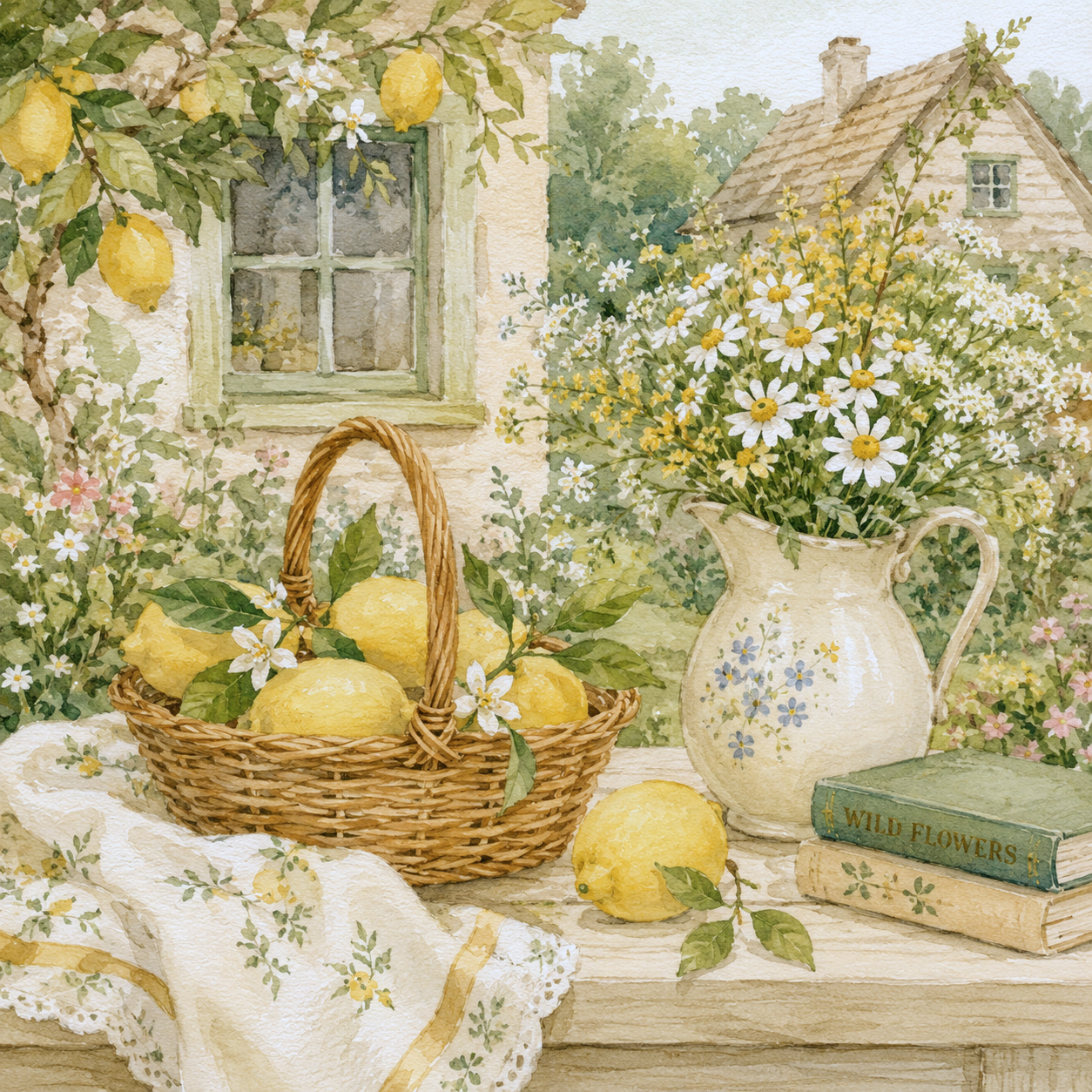 Watercolor painting of a rustic outdoor scene with a basket of lemons, a vase filled with white daisies with yellow centers, a small green book titled 'Wild Flowers', and lemon branches with ripe lemons hanging from a lemon tree, set against a backdr