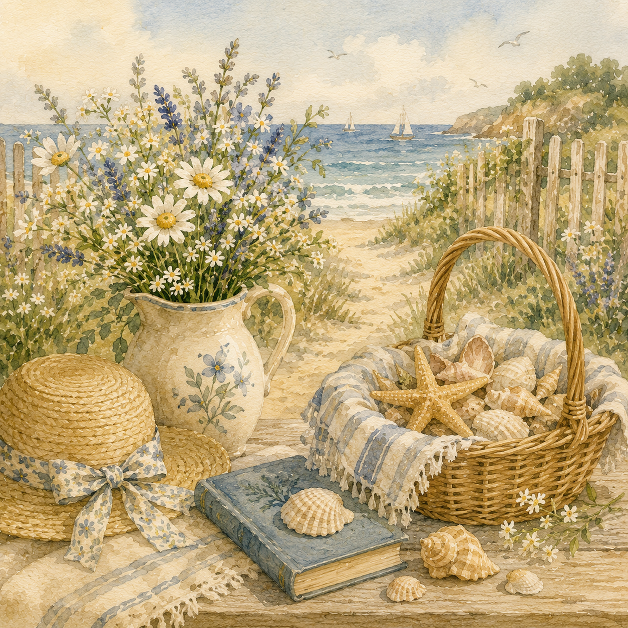 A nautical and floral beach scene with a bouquet of daisies and blue flowers in a ceramic pitcher, a straw hat with a bow, a wicker basket filled with seashells and starfish, a blue book with a seashell on top, and a scenic view of the ocean with sai