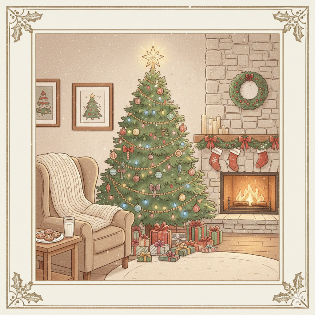 A cozy Christmas scene with a decorated Christmas tree, wrapped presents underneath, a fireplace with stockings, a wreath on the wall, and a comfortable armchair with a blanket and cookies on a side table.