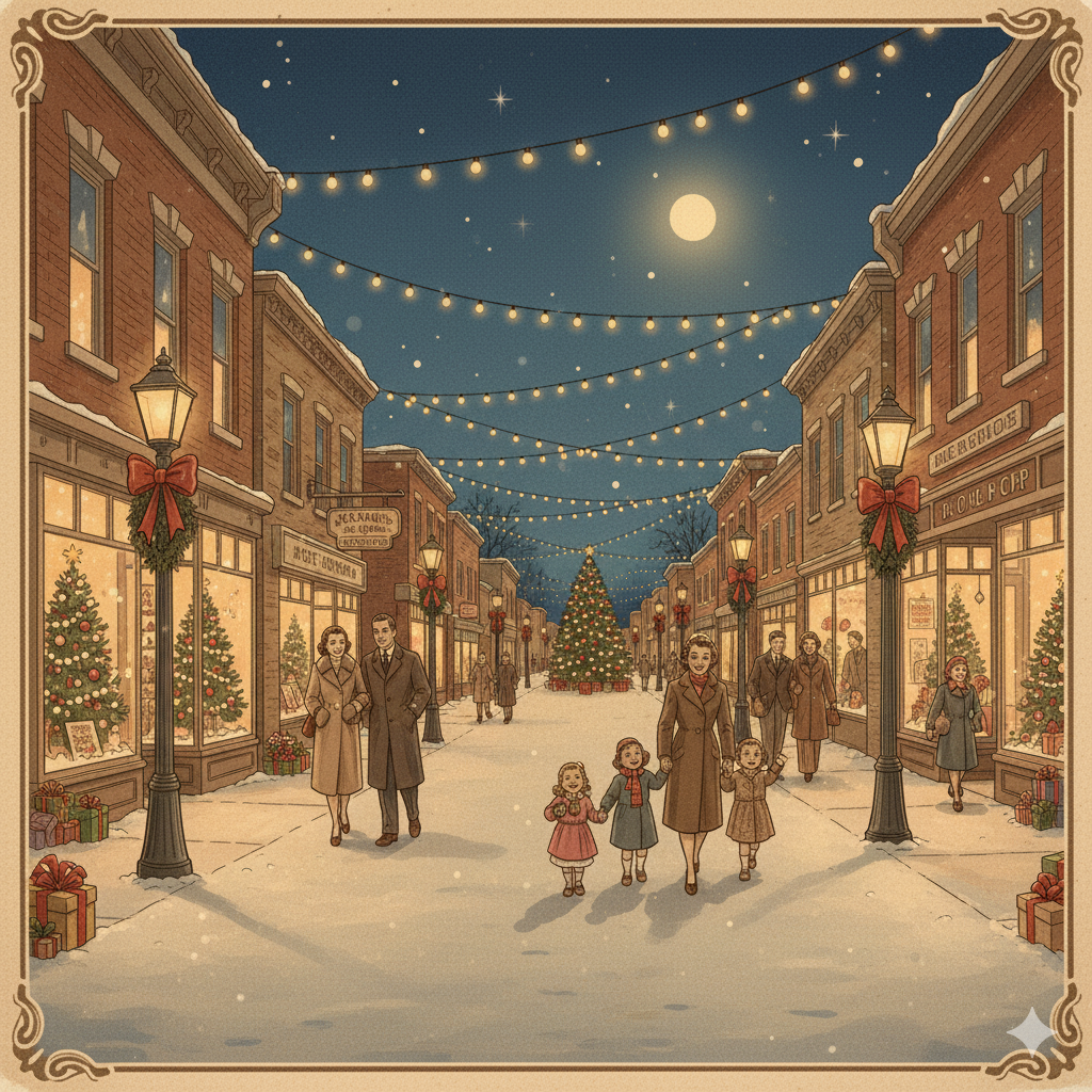 A festive holiday scene on a snow-covered street with Christmas trees, decorated storefronts, and hanging string lights under a night sky with stars and a bright moon. People, including women, men, and children, are dressed in winter clothing and enj