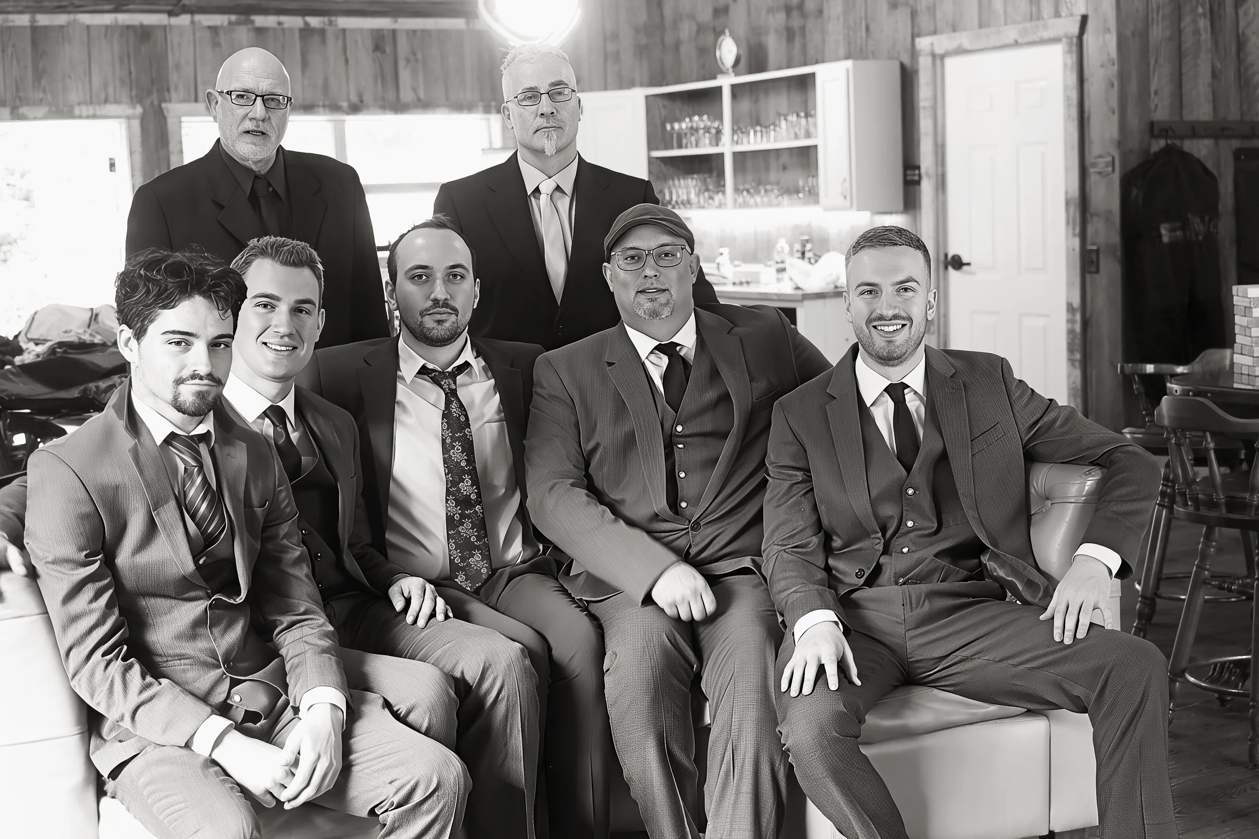 Group of seven men, dressed in suits, sitting and standing in a rustic room with wood-paneled walls. They are posing for a photo, with some smiling and others with serious expressions.