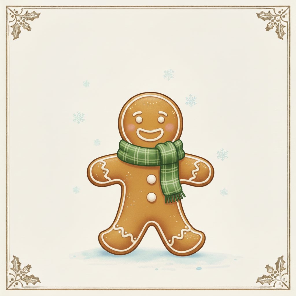 A smiling gingerbread person wearing a green plaid scarf, with white icing decorations, standing with snowflakes around and golden corner decorations.
