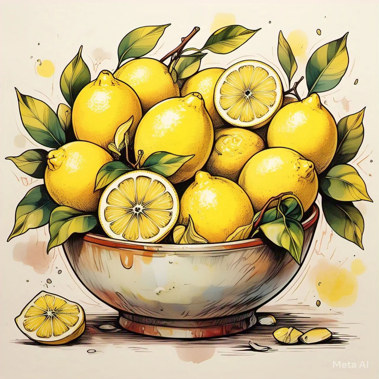 Illustration of a bowl filled with yellow lemons, some cut in half revealing the inner fruit, with green leaves and lemon slices around the bowl.