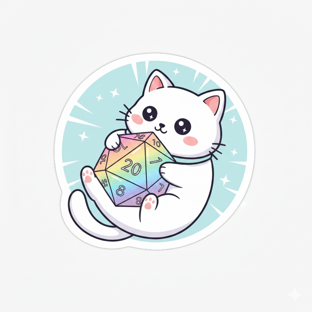 Cute white cartoon cat holding a rainbow-colored, polyhedral gaming die with the number 20 visible, set against a light blue background with stars.
