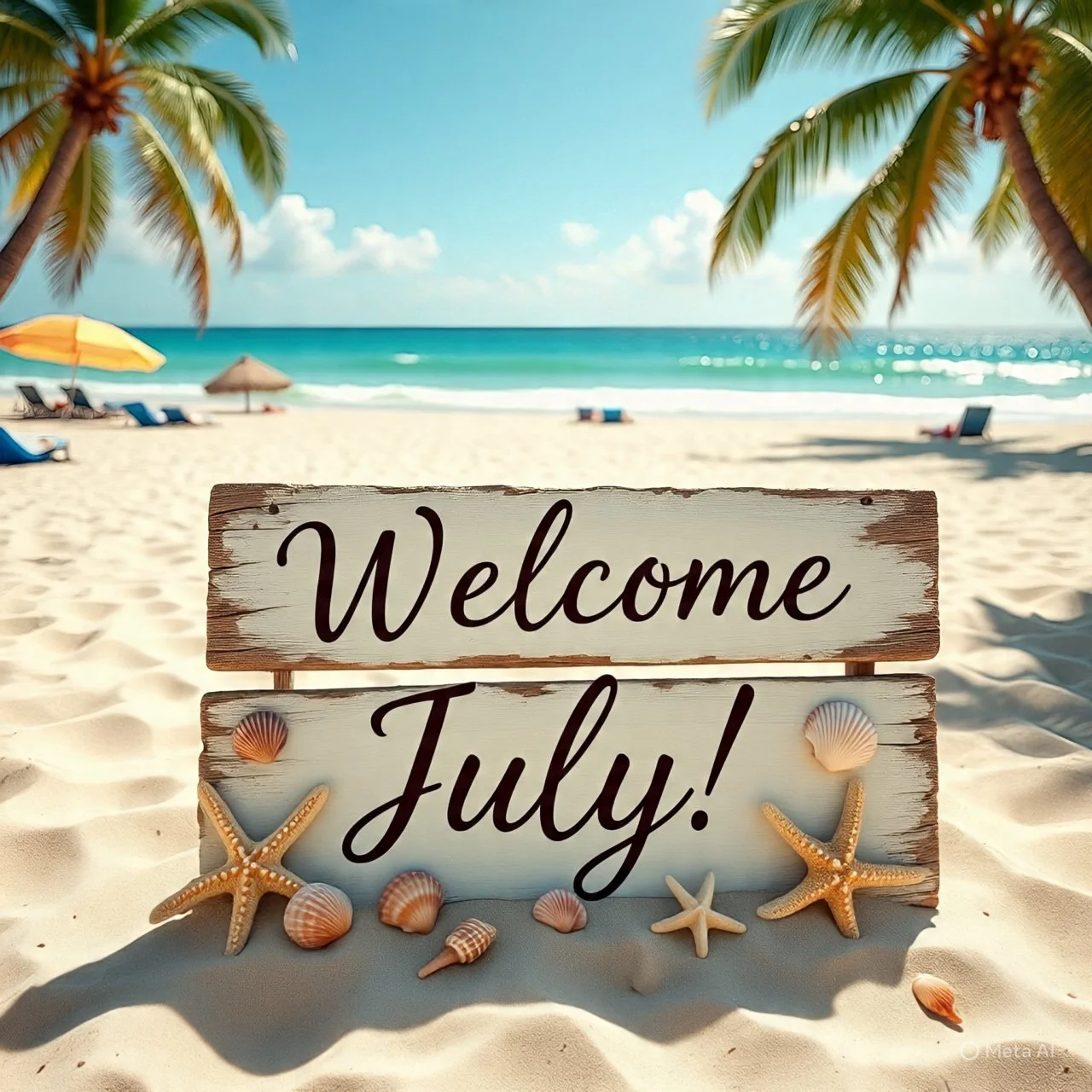 A wooden sign on the beach that says "Welcome July!" with starfish and seashells around it, under palm trees with a bright blue sky and ocean in the background.