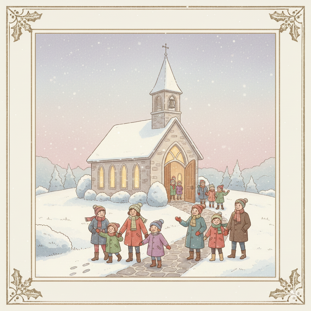 Children and adults enjoying a snowy day outside a small church with a bell tower, snow-covered trees, and a cloudy sky.