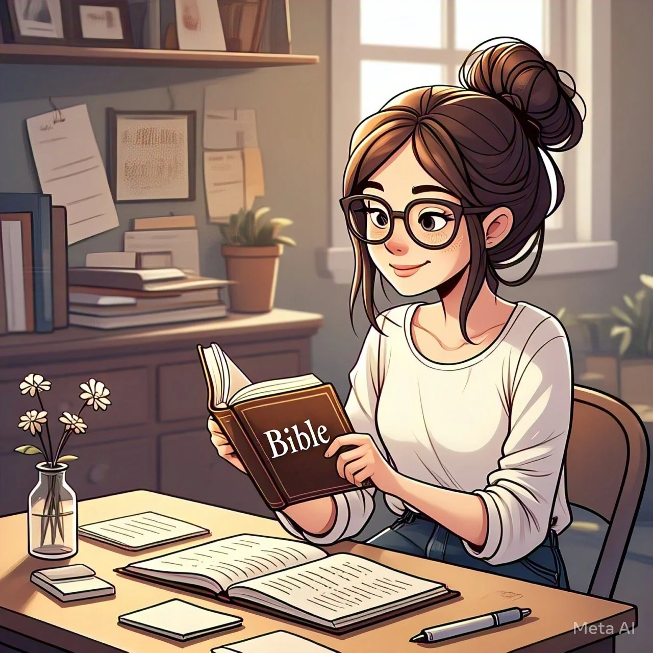 A young woman with glasses and a bun hairstyle sitting at a desk in a warmly-lit room, reading a Bible. The desk has open books, notebooks, a pen, and a small vase with flowers. The background shows shelves with books and framed pictures.