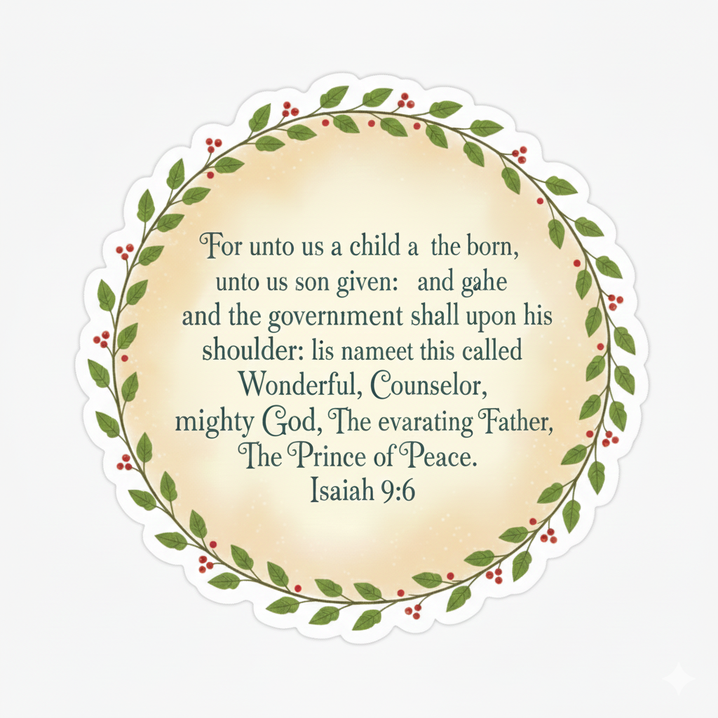 A decorative round card with a beige background, surrounded by a green wreath with red berries. The card features a Bible verse from Isaiah 9:6 in elegant font.
