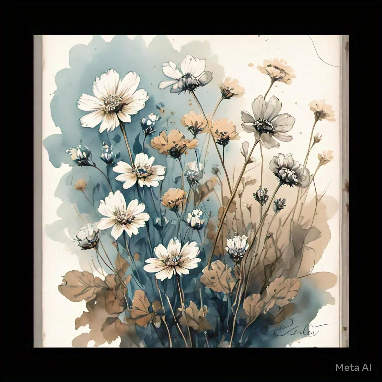 Watercolor painting of white and beige flowers with leaves, background in muted tones, signed at the bottom right.