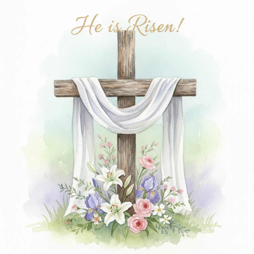 Watercolor depiction of a wooden cross draped with a white cloth, surrounded by pink and white lilies and purple irises, with the text "He is Risen!" above.