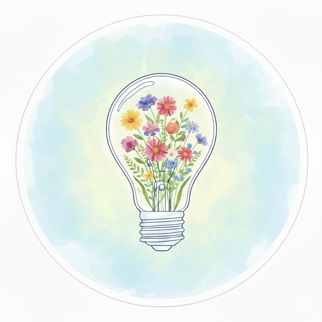 A digital illustration of a light bulb with colorful flowers inside, on a soft watercolor background.