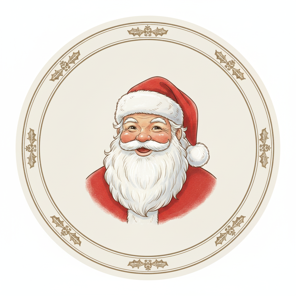 Vintage-style illustration of Santa Claus smiling with a white beard, red hat, and red coat, framed by a decorative border with holly and berries.