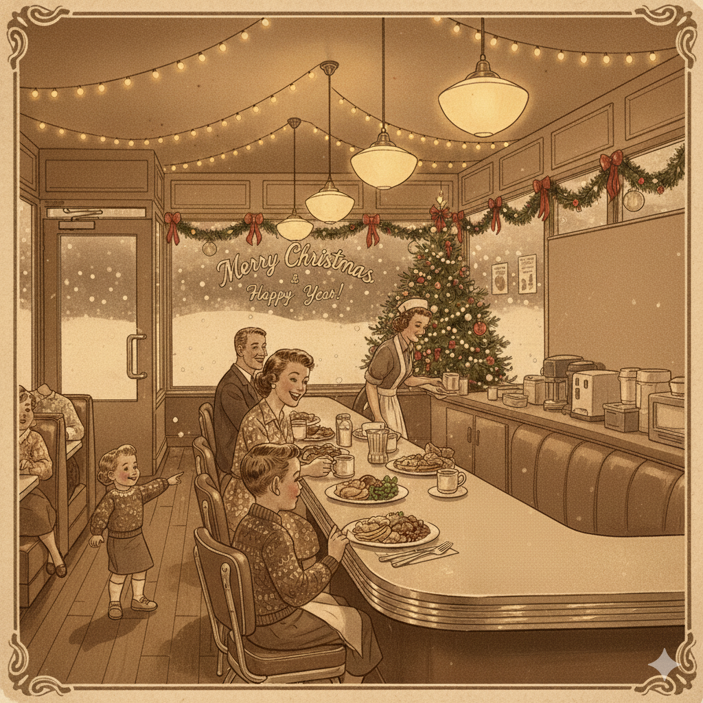 Vintage-style illustration of a family celebrating Christmas in a decorated diner-like setting, with a Christmas tree, string lights, and a 'Merry Christmas' sign. The family is enjoying a meal at the counter, with children and adults smiling, and a 