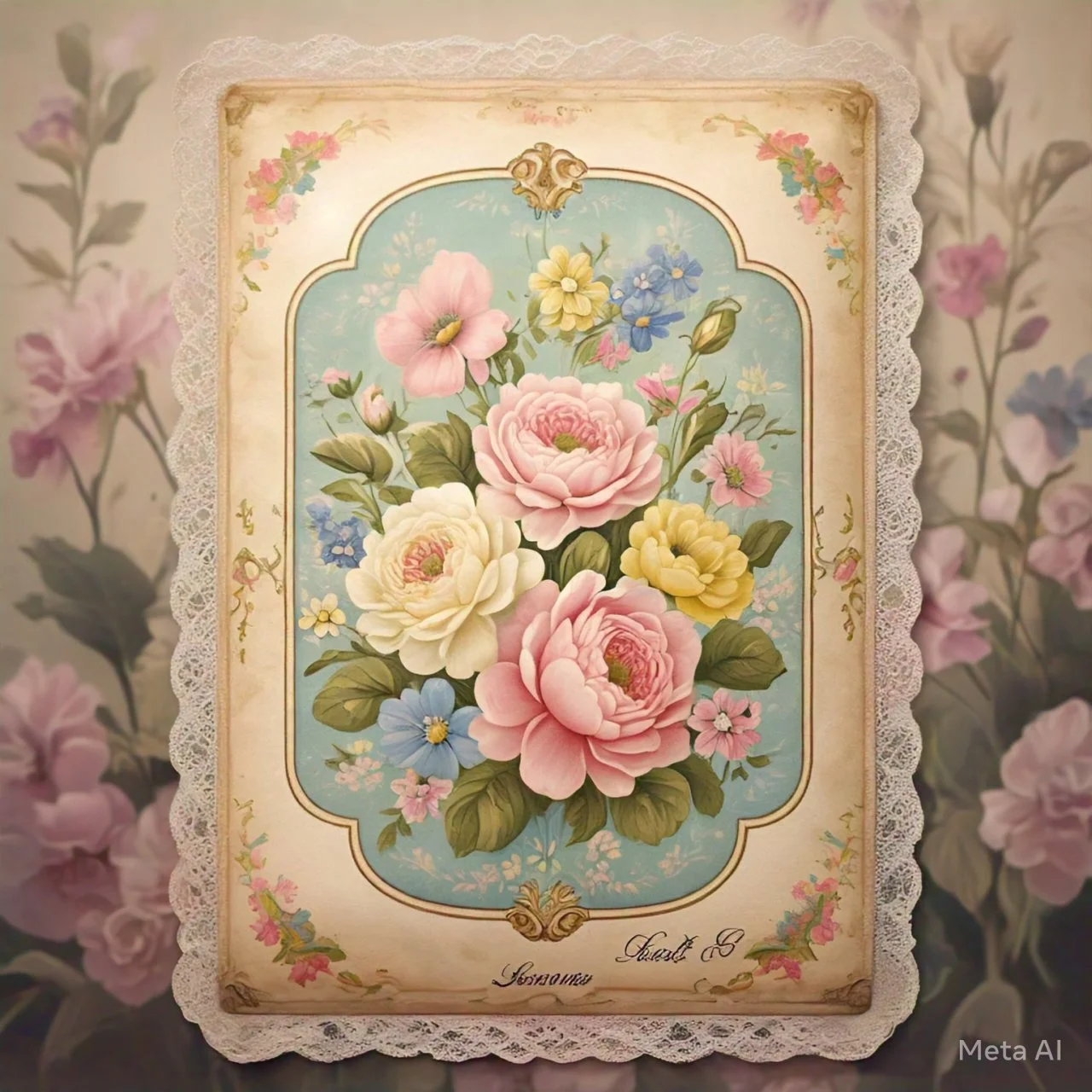 Decorative floral card with pink, white, yellow, and blue flowers, surrounded by a lace border.