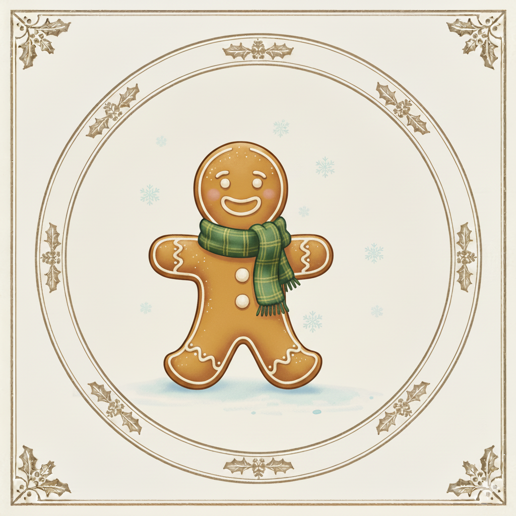 A smiling gingerbread man wearing a green plaid scarf, decorated with white icing, standing in snow with falling snowflakes, surrounded by a festive border of holly leaves.