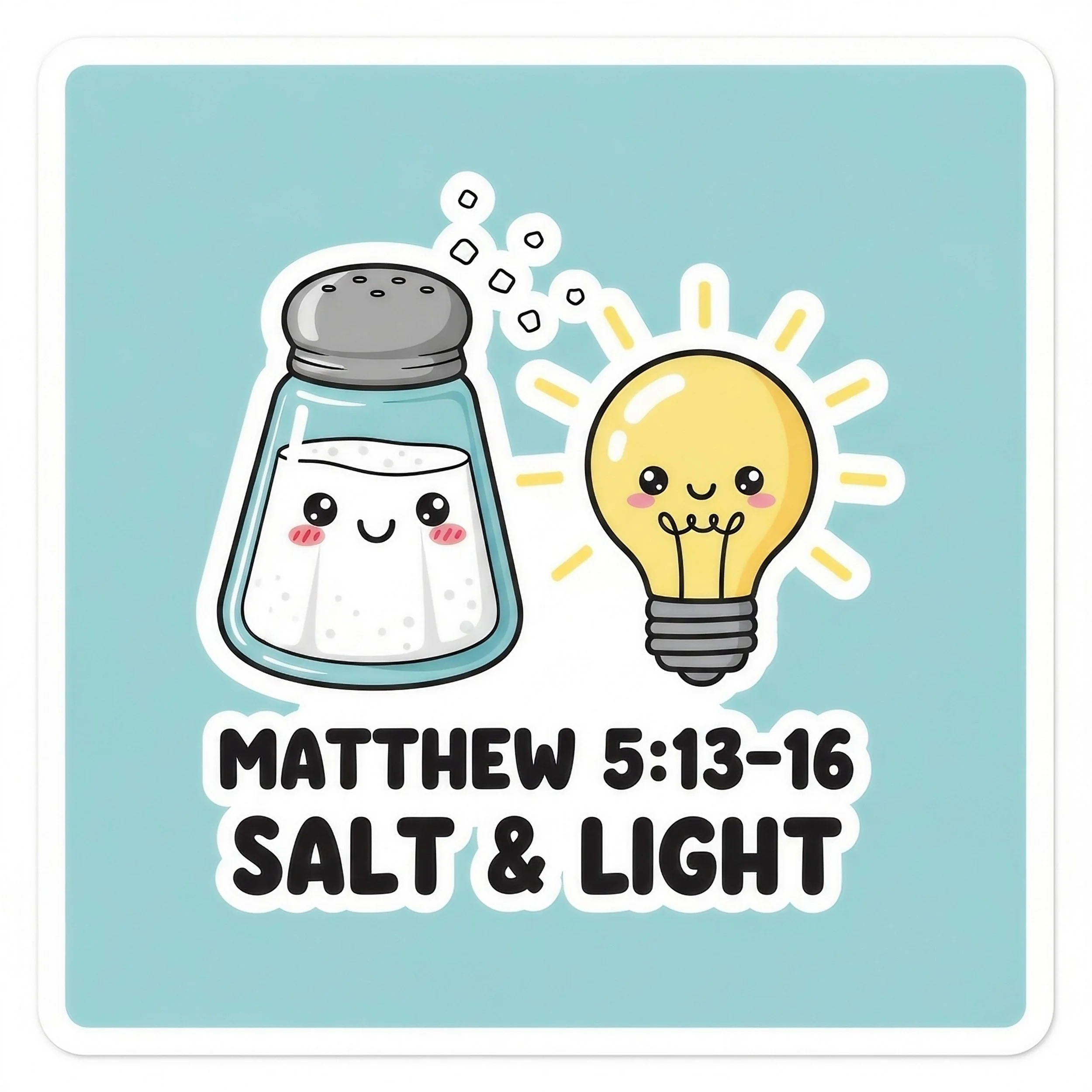 Sticker with smiling salt shaker and lightbulb, advertising a Bible verse Matthew 5:13-16, about being salt and light.