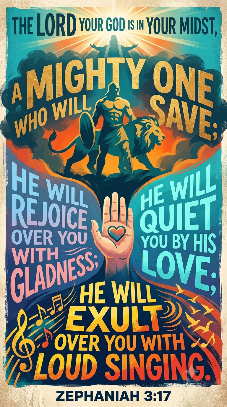 Colorful poster with religious message, referencing Zephaniah 3:17. It depicts a warrior with a shield and a lion, surrounded by clouds and rays of light. The poster includes phrases such as "The Lord your God is in your midst," "A mighty one who wil