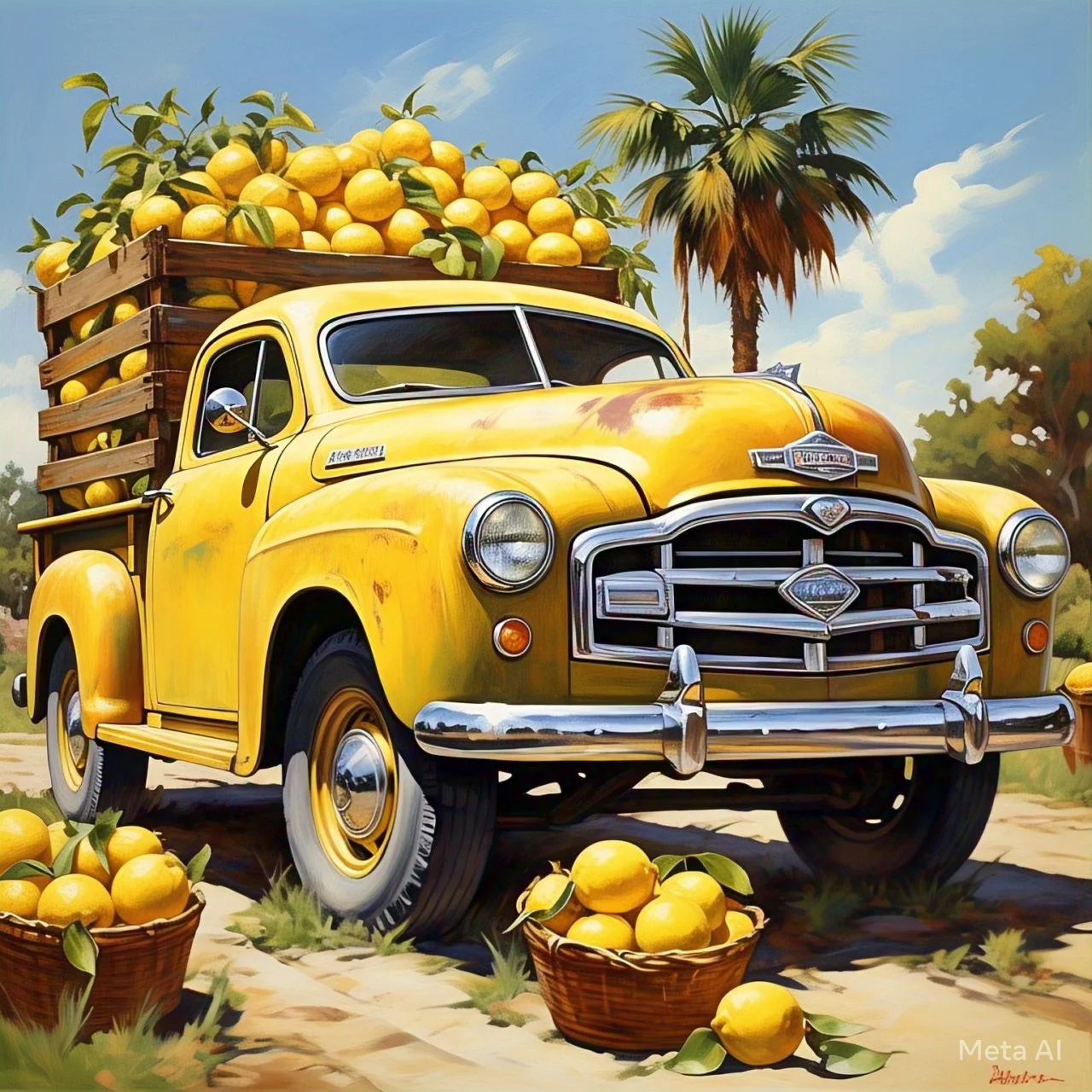 A vintage yellow truck loaded with lemons in a wooden crate on its cargo bed, surrounded by baskets of lemons, set outdoors with palm trees and a blue sky in the background.