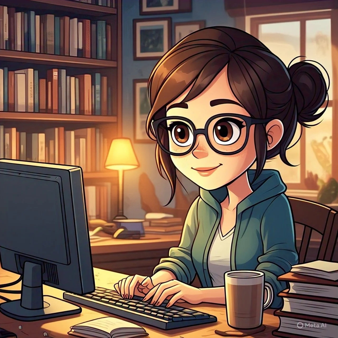 A cartoon girl with glasses, brown hair tied in a bun, working at a computer desk with a cup of coffee, in a cozy room filled with books, with warm lighting from a desk lamp and sunlight through the window.
