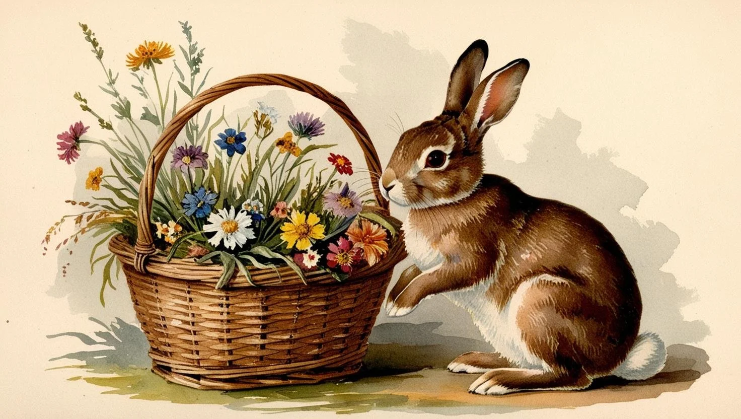 Illustration of a brown rabbit next to a basket of colorful wildflowers on a beige background.