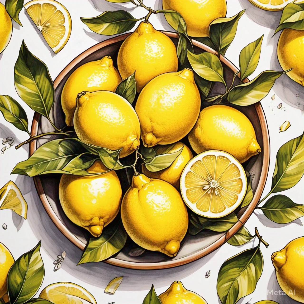 A top-down view of a bowl filled with yellow lemons and green leaves, surrounded by lemon slices and small insects, on a white surface.