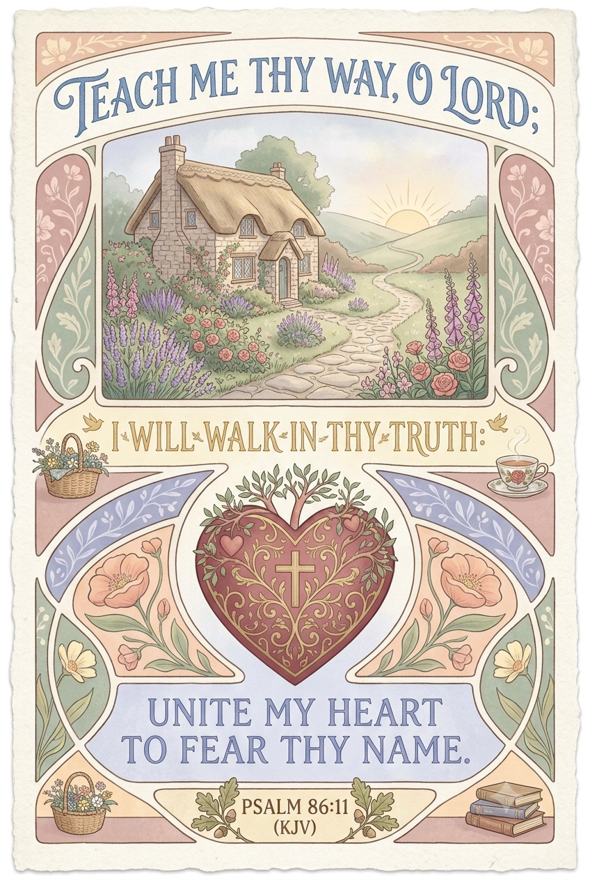 A decorative illustration of a peaceful countryside scene with a stone cottage, flowers, and a winding path at sunrise. The image contains religious text from Psalm 86:11 (KJV), expressing a desire to walk in God's truth and unite the heart to fear G
