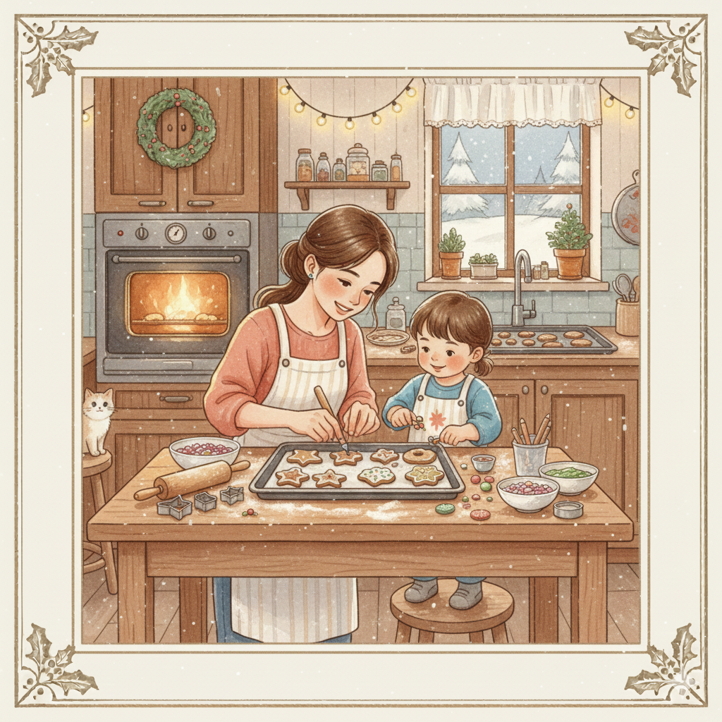 A mother and daughter baking Christmas cookies in a cozy kitchen decorated for the holidays. The mother is cutting out cookies while the daughter holds a cookie cutter. The kitchen has a wood stove with a fire, a decorated wreath, string lights, a wi
