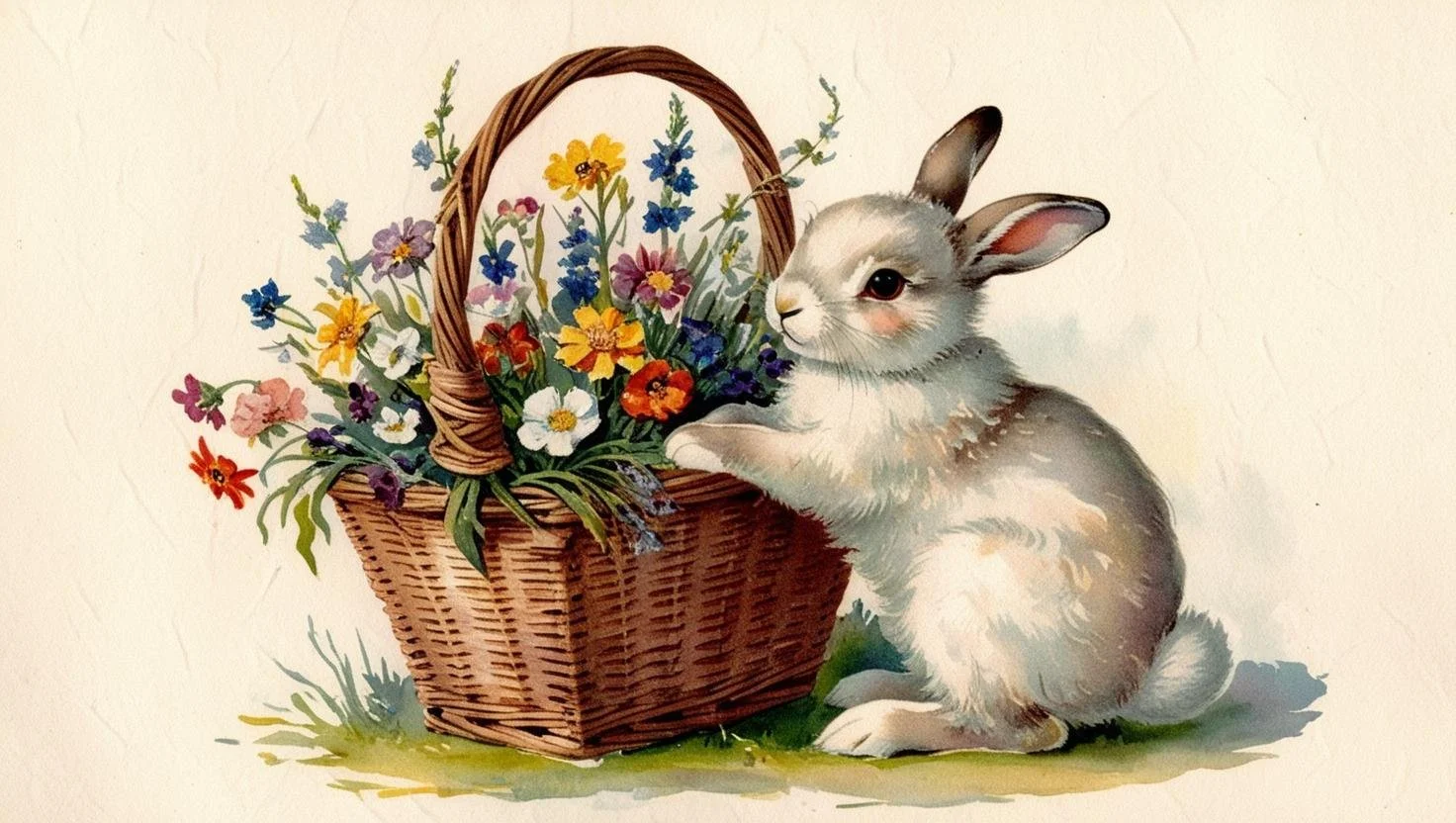 A rabbit sitting next to a basket of colorful spring flowers.